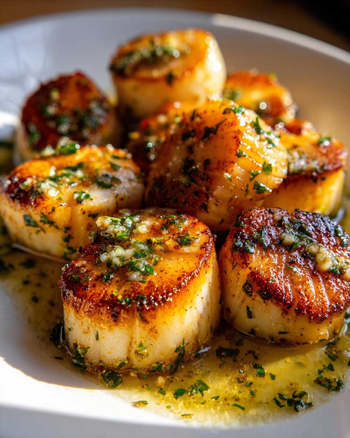 Close-up of seared Garlic Butter Scallops with Lemon, glistening in butter sauce and topped with herbs.