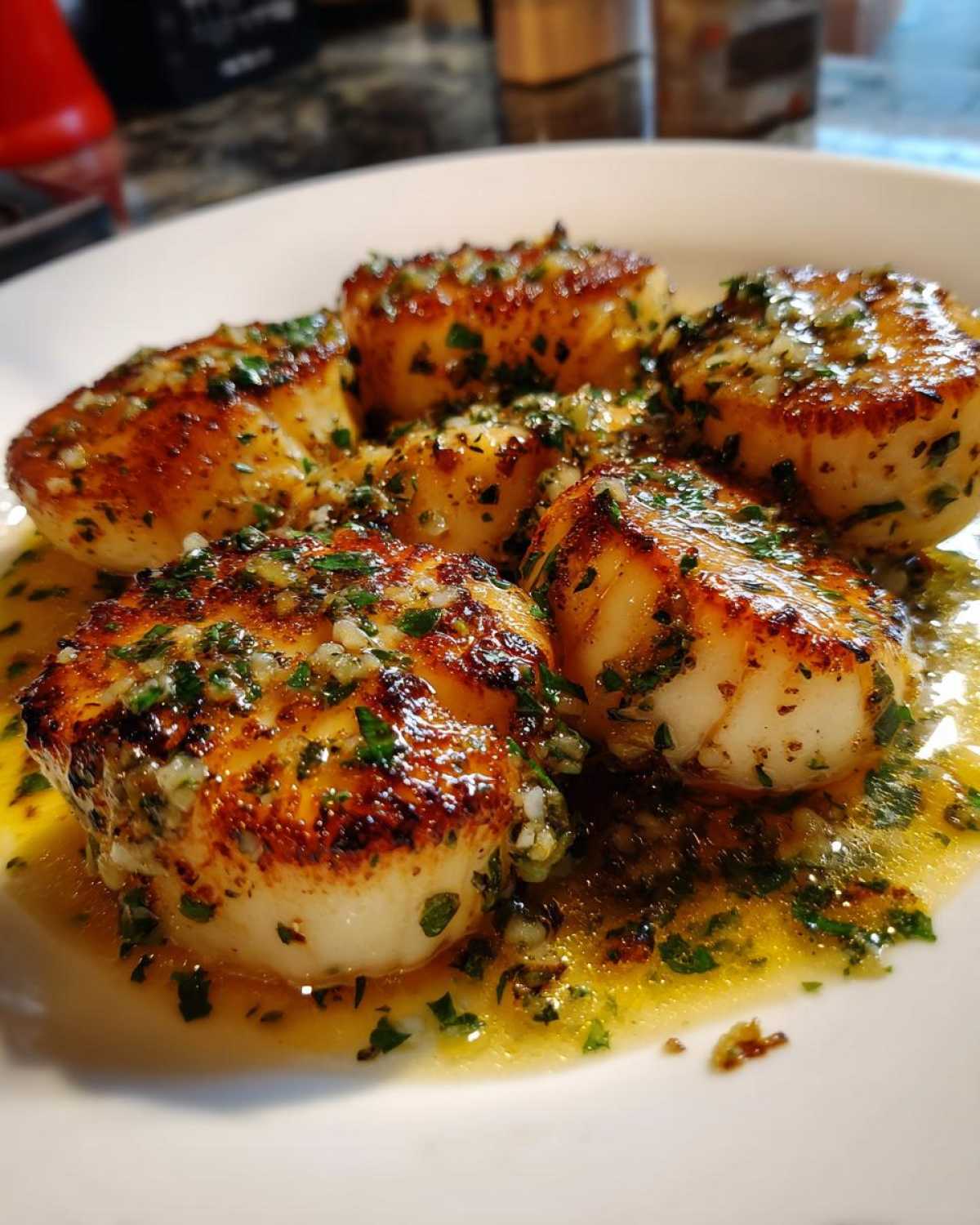 Close-up of perfectly seared Garlic Butter Scallops with Lemon sauce, garnished with fresh parsley.