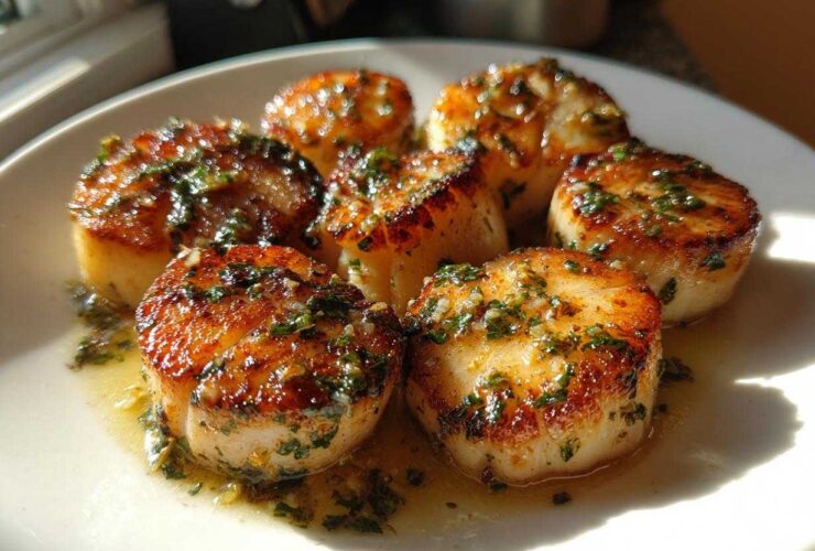 A plate of perfectly seared Garlic Butter Scallops with Lemon, glistening in butter sauce and topped with parsley.