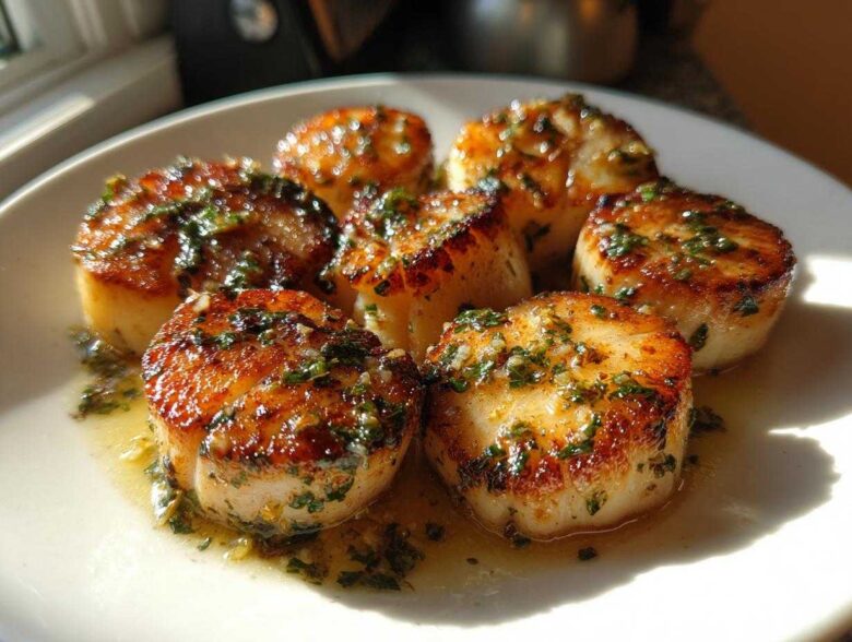 A plate of perfectly seared Garlic Butter Scallops with Lemon, glistening in butter sauce and topped with parsley.