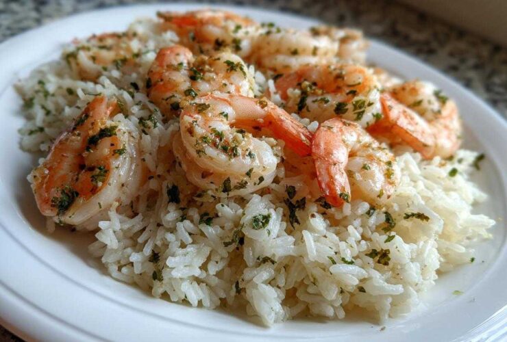 Close-up of plump, seasoned shrimp served over fluffy white rice in a Garlic Butter Shrimp and Rice Skillet dish.