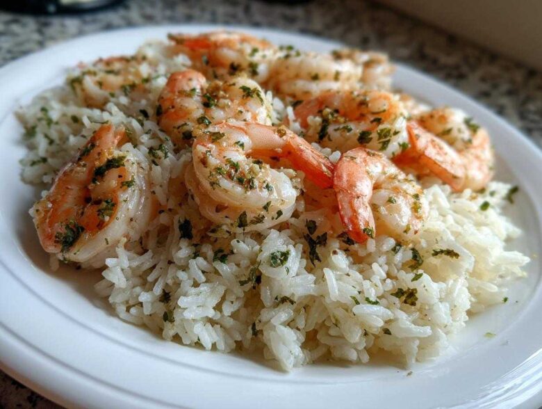 Close-up of plump, seasoned shrimp served over fluffy white rice in a Garlic Butter Shrimp and Rice Skillet dish.