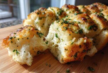 A piece of golden-brown Garlic Parmesan Pull-Apart Bread is being pulled apart, showing melted cheese stretching between the soft interior.