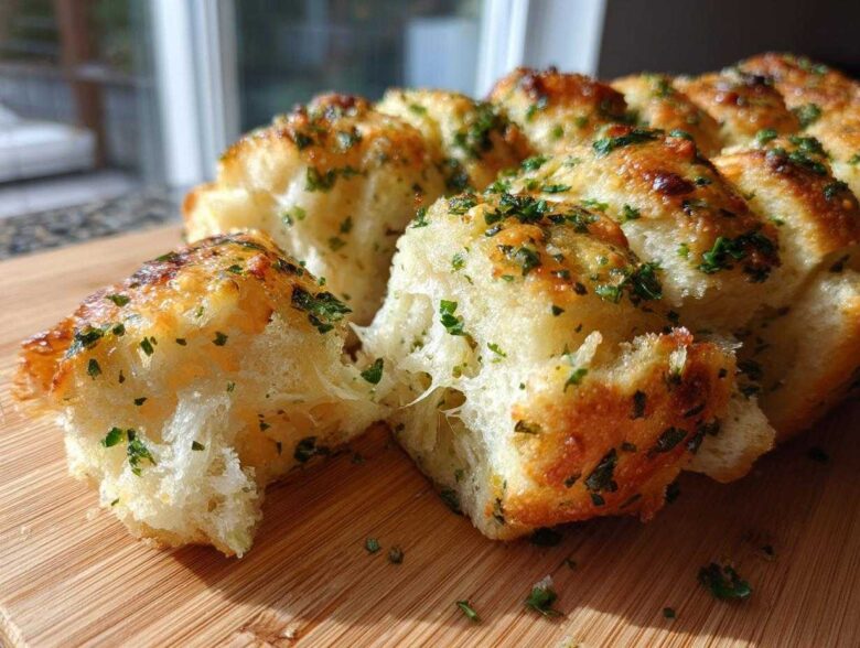 A piece of golden-brown Garlic Parmesan Pull-Apart Bread is being pulled apart, showing melted cheese stretching between the soft interior.