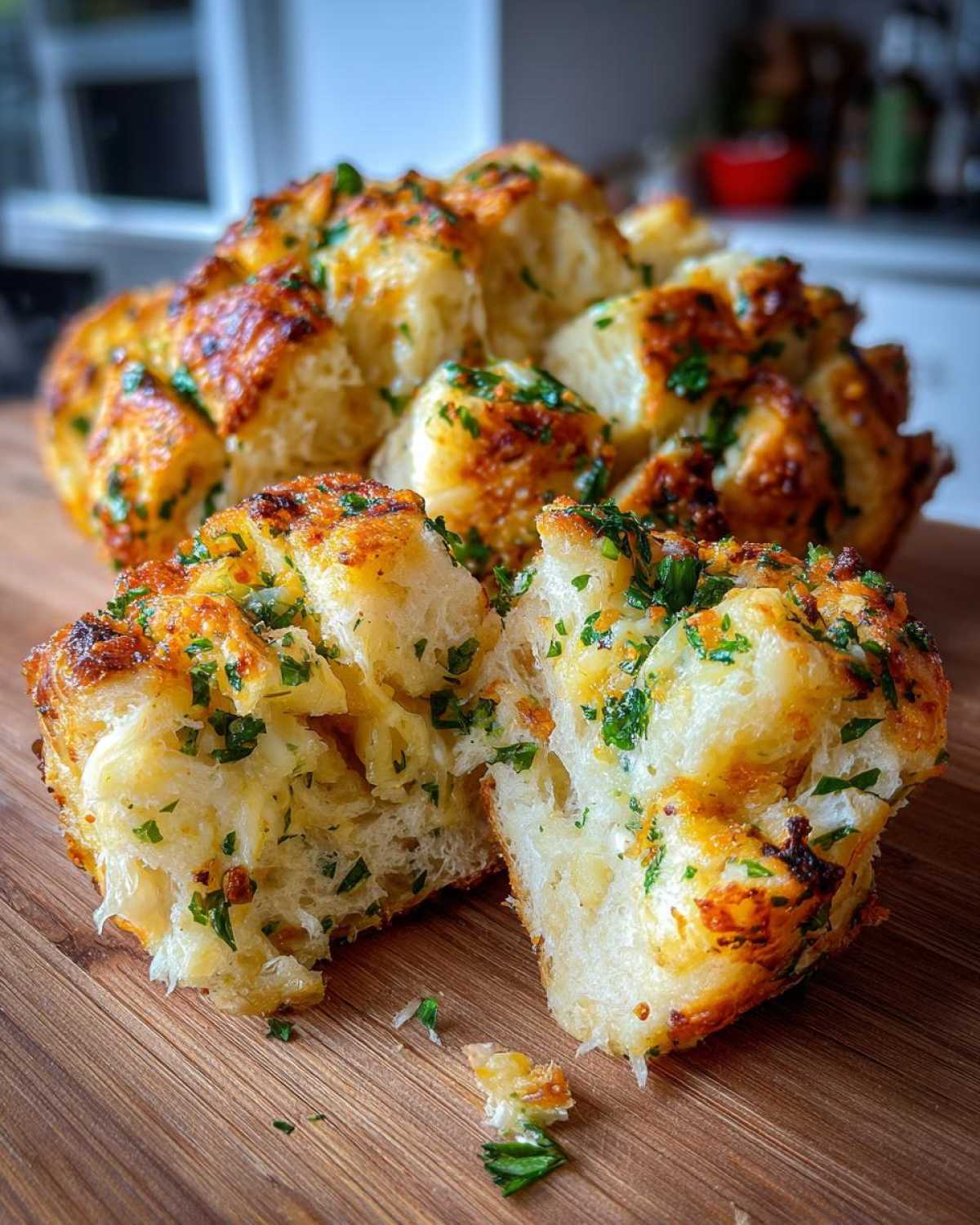 A piece of cheesy, golden-brown Garlic Parmesan Pull-Apart Bread broken open, showing soft interior and fresh parsley.