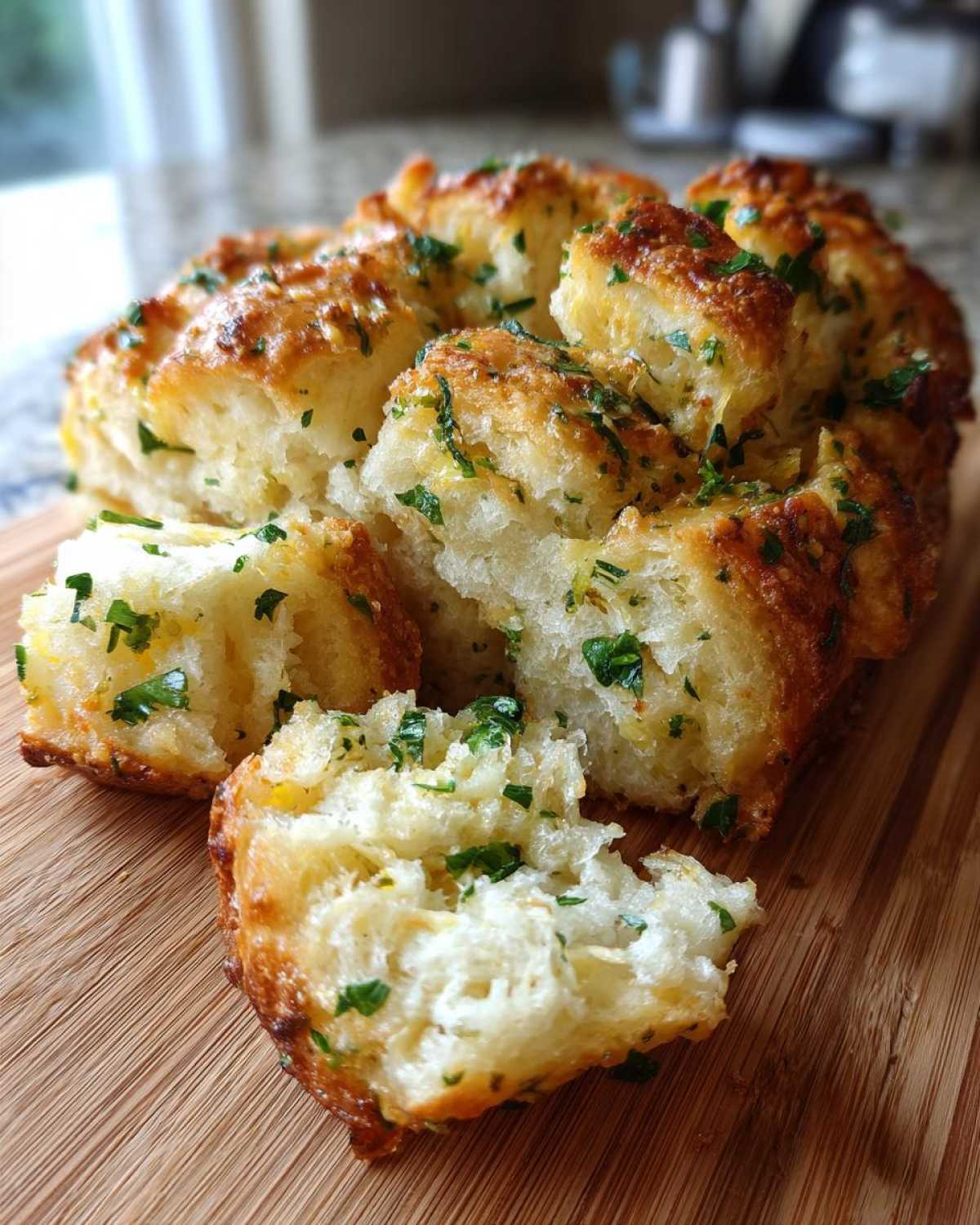 Close-up of warm Garlic Parmesan Pull-Apart Bread, torn into pieces and sprinkled with fresh parsley.