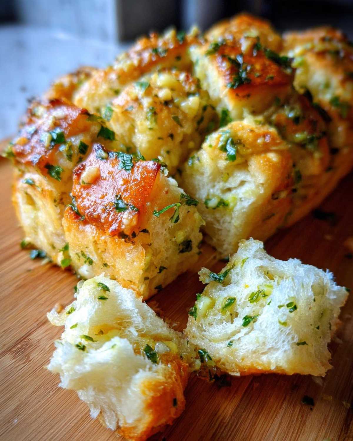 Close-up of freshly baked Garlic Parmesan Pull-Apart Bread, glistening with butter and herbs, with pieces being pulled apart.
