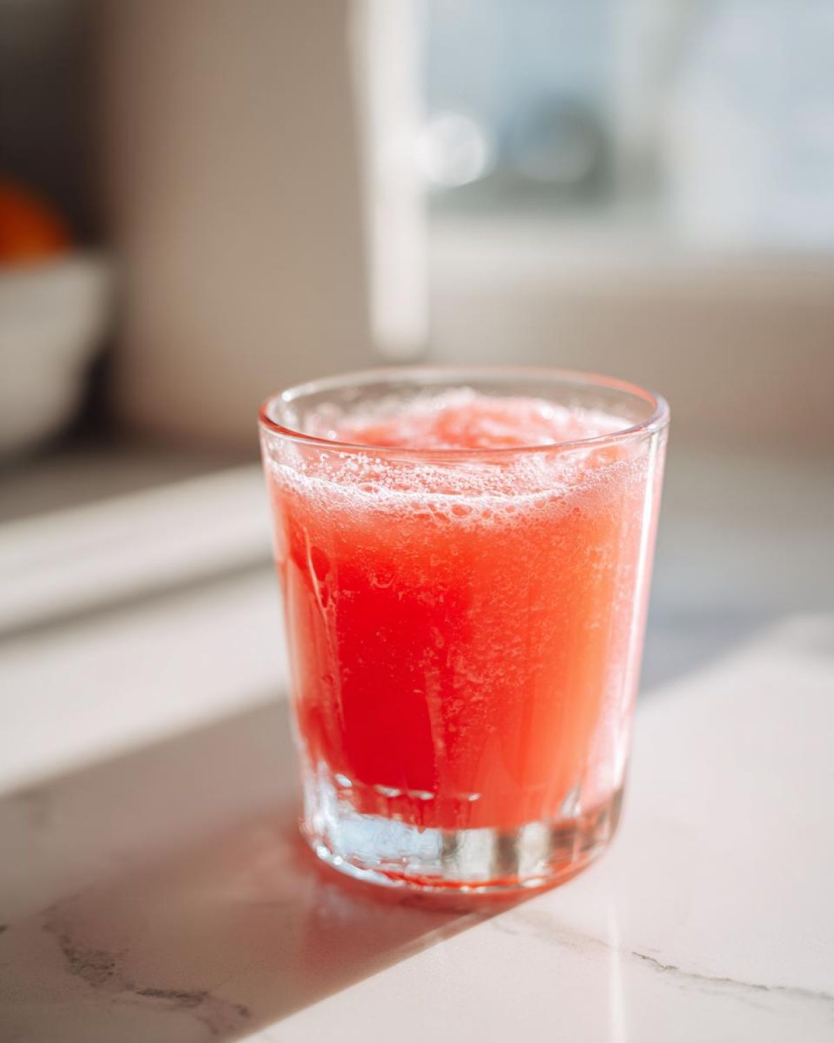 Close-up of a glass filled with bright pink, frothy Homemade Strawberry Lemonade Concentrate on a white counter.