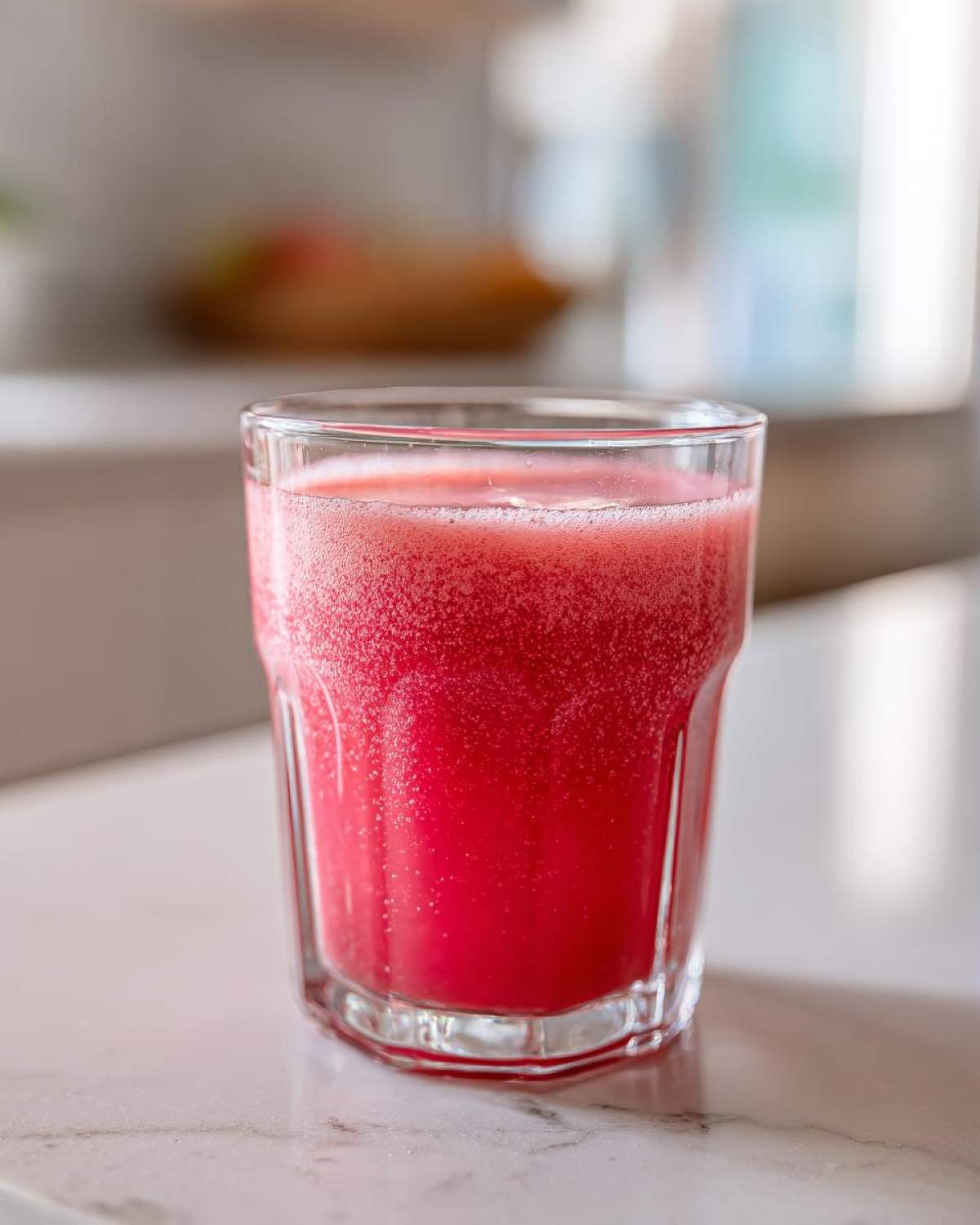 A glass filled with bright pink, bubbly liquid made from Homemade Strawberry Lemonade Concentrate.