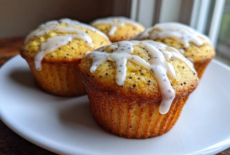 Four freshly baked Glazed Lemon Poppy Seed Muffins topped with a thick, white lemon drizzle.