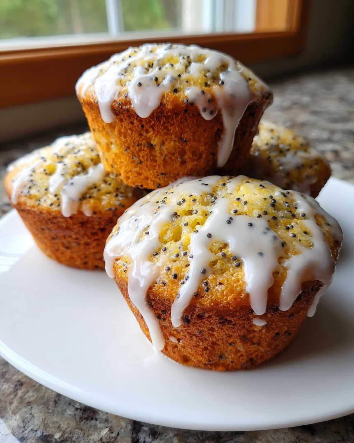 A stack of golden brown Glazed Lemon Poppy Seed Muffins topped with thick white lemon icing and visible poppy seeds.
