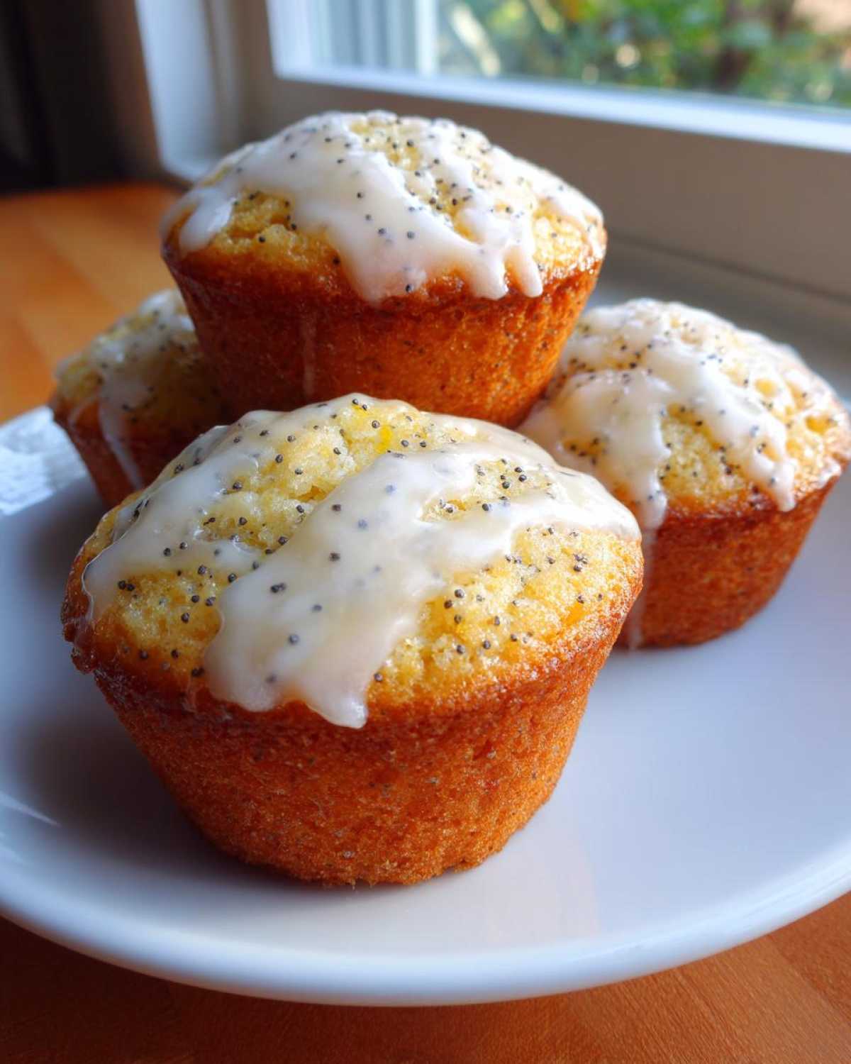 A close-up of four golden Glazed Lemon Poppy Seed Muffins topped with white lemon icing and poppy seeds.