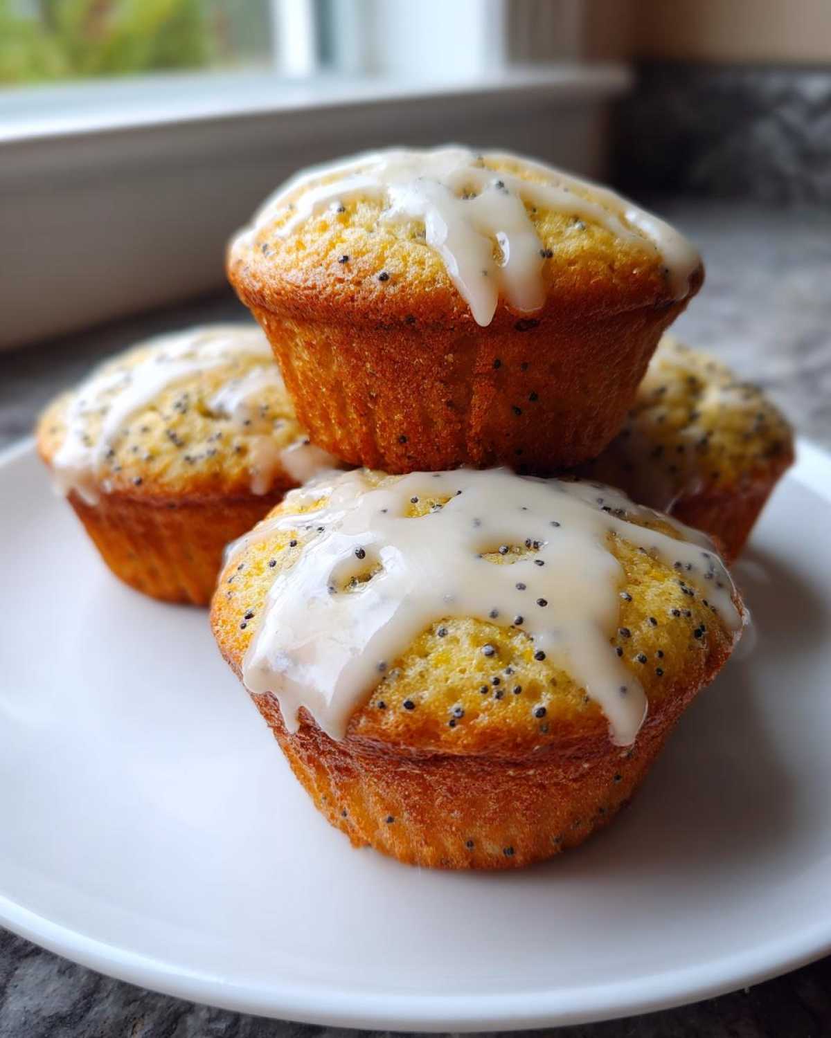 A stack of four golden-brown Glazed Lemon Poppy Seed Muffins topped with thick white lemon glaze.