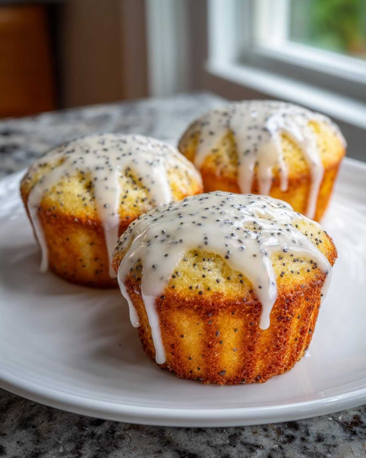 Three golden Glazed Lemon Poppy Seed Muffins topped with thick, dripping lemon glaze and poppy seeds.