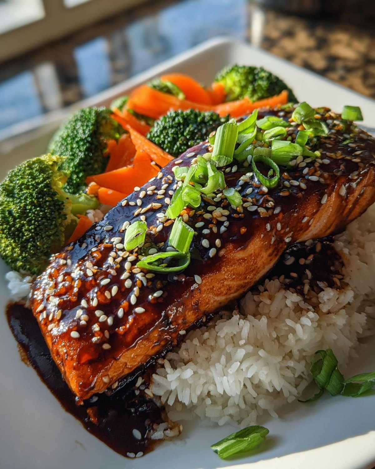 A fillet of glazed salmon topped with sesame seeds and green onions served over white rice in Teriyaki Salmon Rice Bowls.