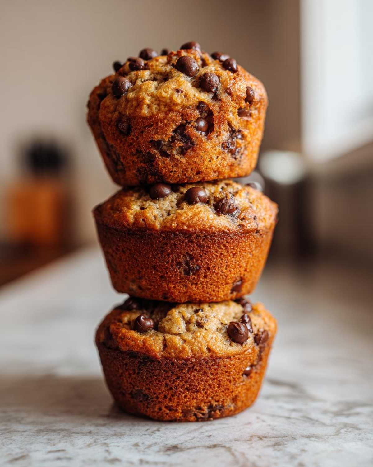 A stack of three freshly baked Gluten-Free Banana Chocolate Chip Muffins topped with mini chocolate chips.