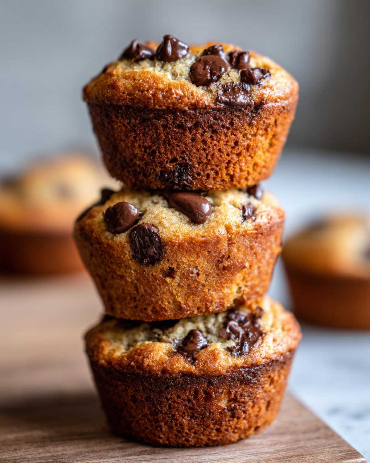 A stack of three golden brown Gluten-Free Banana Chocolate Chip Muffins topped with melted chocolate chips.