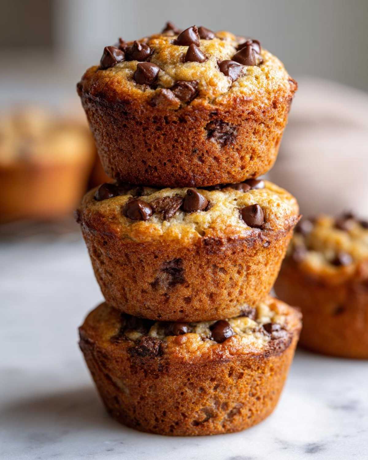 Three perfectly baked Gluten-Free Banana Chocolate Chip Muffins stacked vertically, topped with melted chocolate chips.