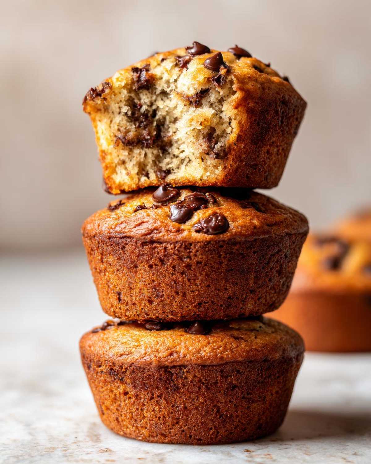 Three Gluten-Free Banana Chocolate Chip Muffins stacked, with the top one showing a bite taken out.