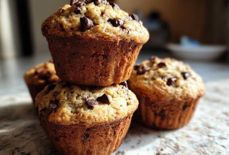A close-up stack of three freshly baked Gluten-Free Banana Chocolate Chip Muffins topped with melted chocolate chips.
