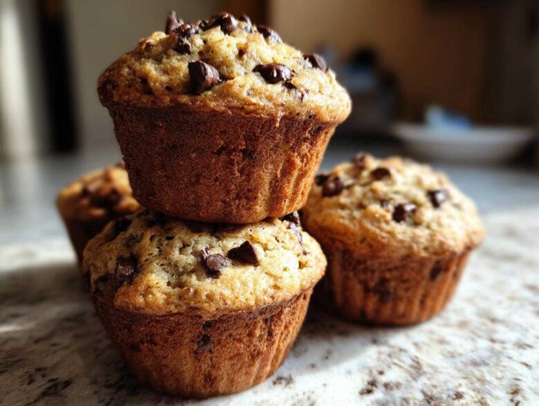 A close-up stack of three freshly baked Gluten-Free Banana Chocolate Chip Muffins topped with melted chocolate chips.