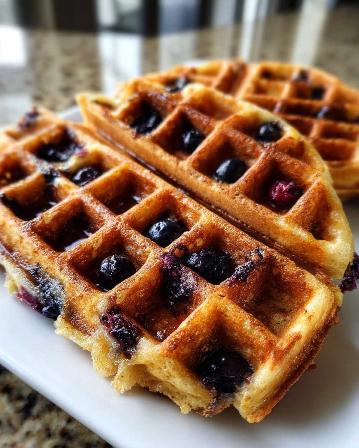 Close-up of golden brown Gluten-Free Blueberry Waffles stacked on a white plate, showing melted syrup and cooked blueberries.