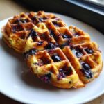 Close-up of two golden brown Gluten-Free Blueberry Waffles drizzled with syrup on a white plate.