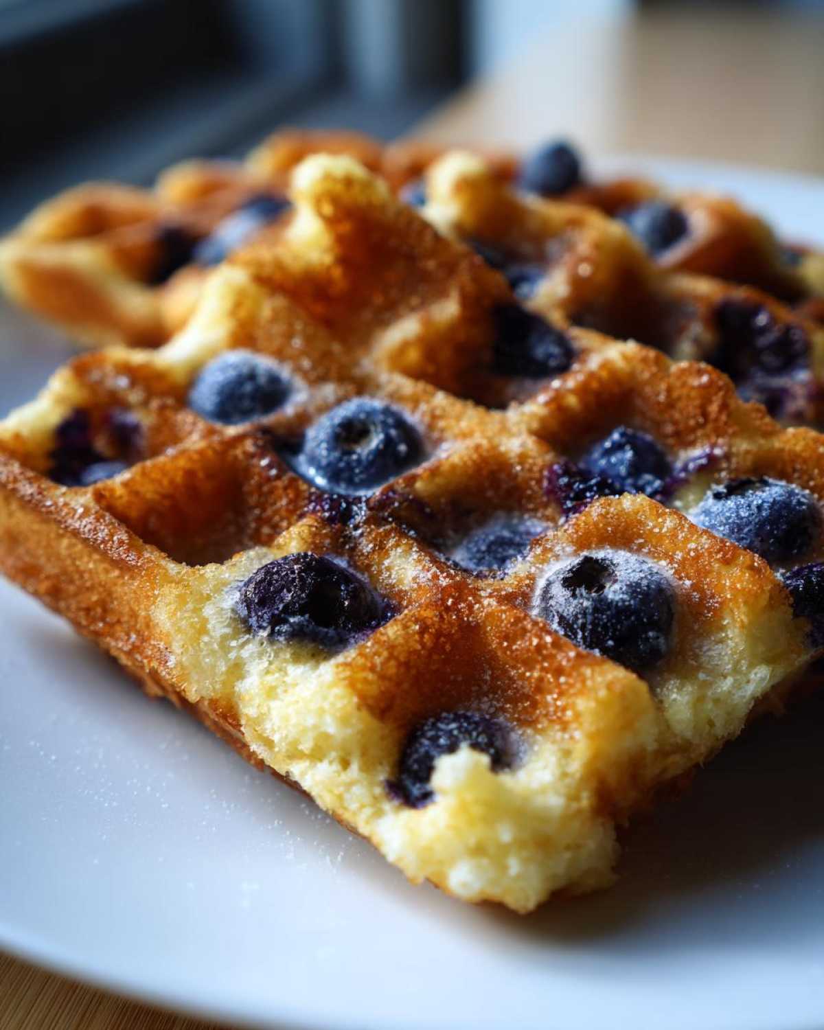 Close-up of a golden-brown Gluten-Free Blueberry Waffles section dusted lightly with powdered sugar.