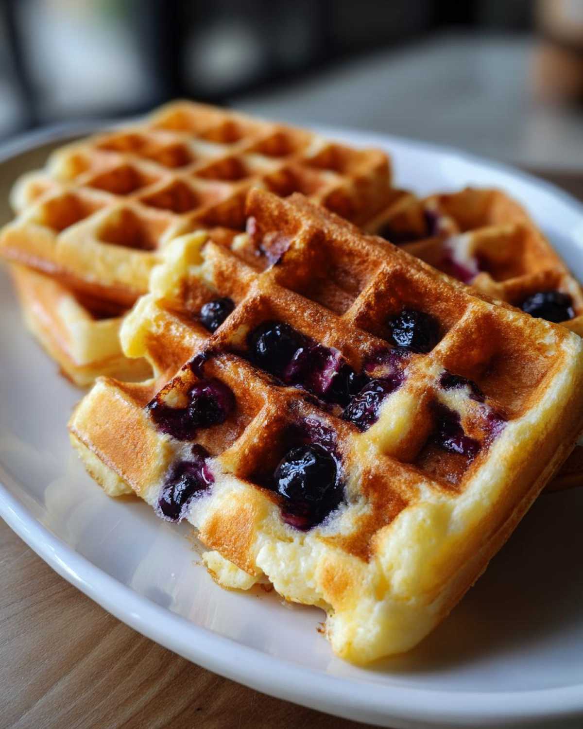 Close-up of golden Gluten-Free Blueberry Waffles with burst blueberries served on a white plate.