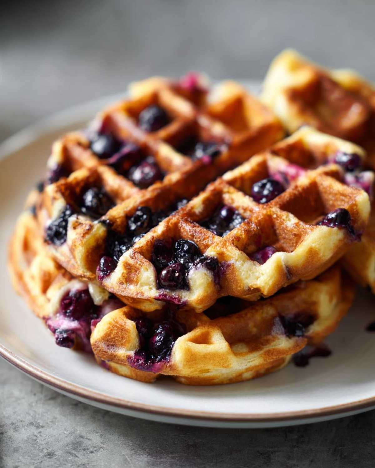 A close-up stack of golden brown Gluten-Free Blueberry Waffles bursting with cooked blueberries on a light plate.