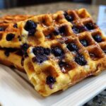 Close-up of a stack of golden Gluten-Free Blueberry Waffles drizzled with syrup on a white plate.