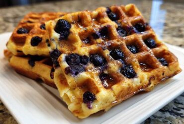 Close-up of a stack of golden Gluten-Free Blueberry Waffles drizzled with syrup on a white plate.