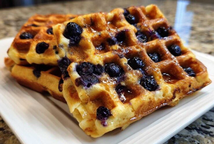 Close-up of a stack of golden Gluten-Free Blueberry Waffles drizzled with syrup on a white plate.