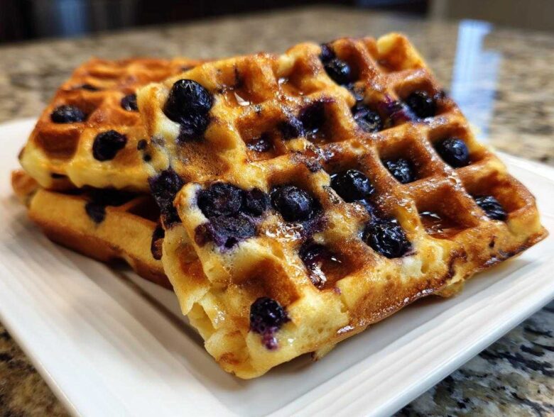 Close-up of a stack of golden Gluten-Free Blueberry Waffles drizzled with syrup on a white plate.