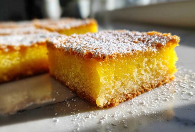 A close-up, bright photo of a square slice of bright yellow Gluten-Free Lemon Bars topped with powdered sugar.