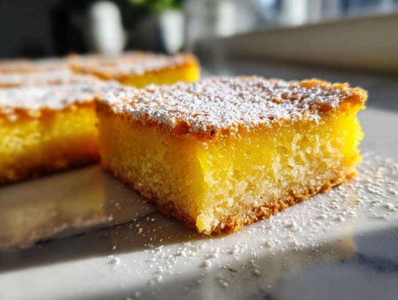 A close-up, bright photo of a square slice of bright yellow Gluten-Free Lemon Bars topped with powdered sugar.