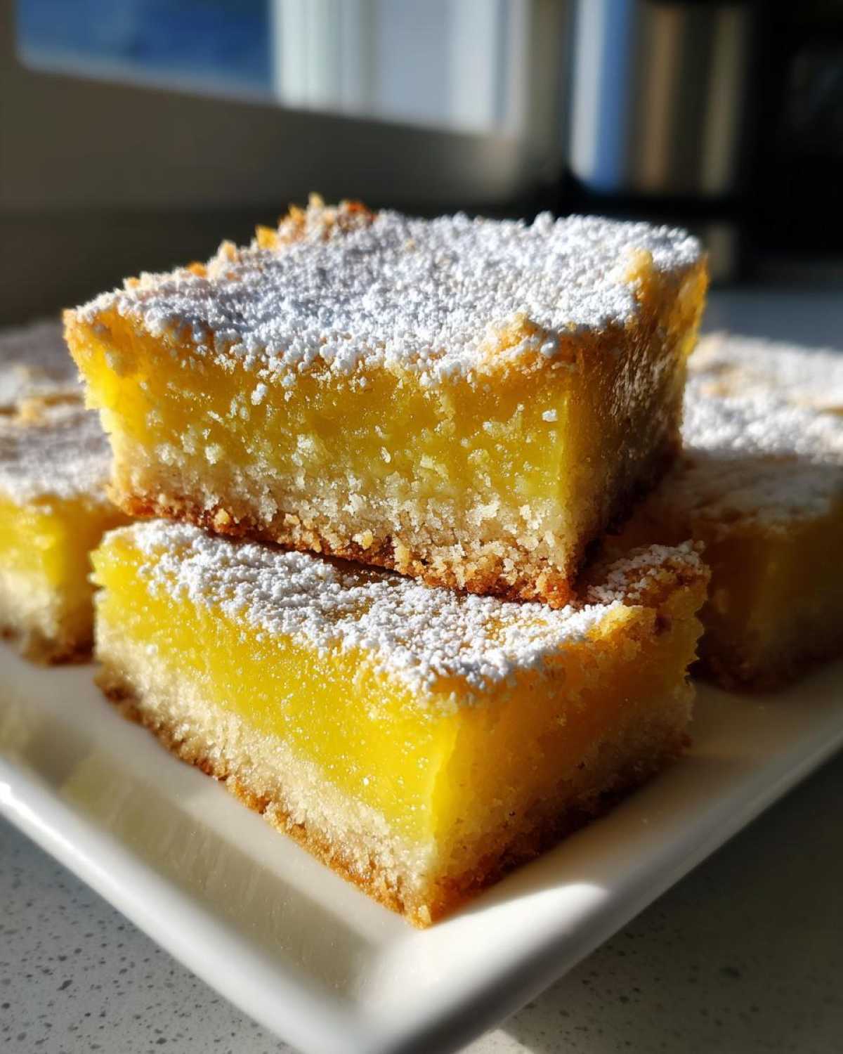 Close-up of stacked Gluten-Free Lemon Bars with shortbread crust, dusted heavily with powdered sugar.