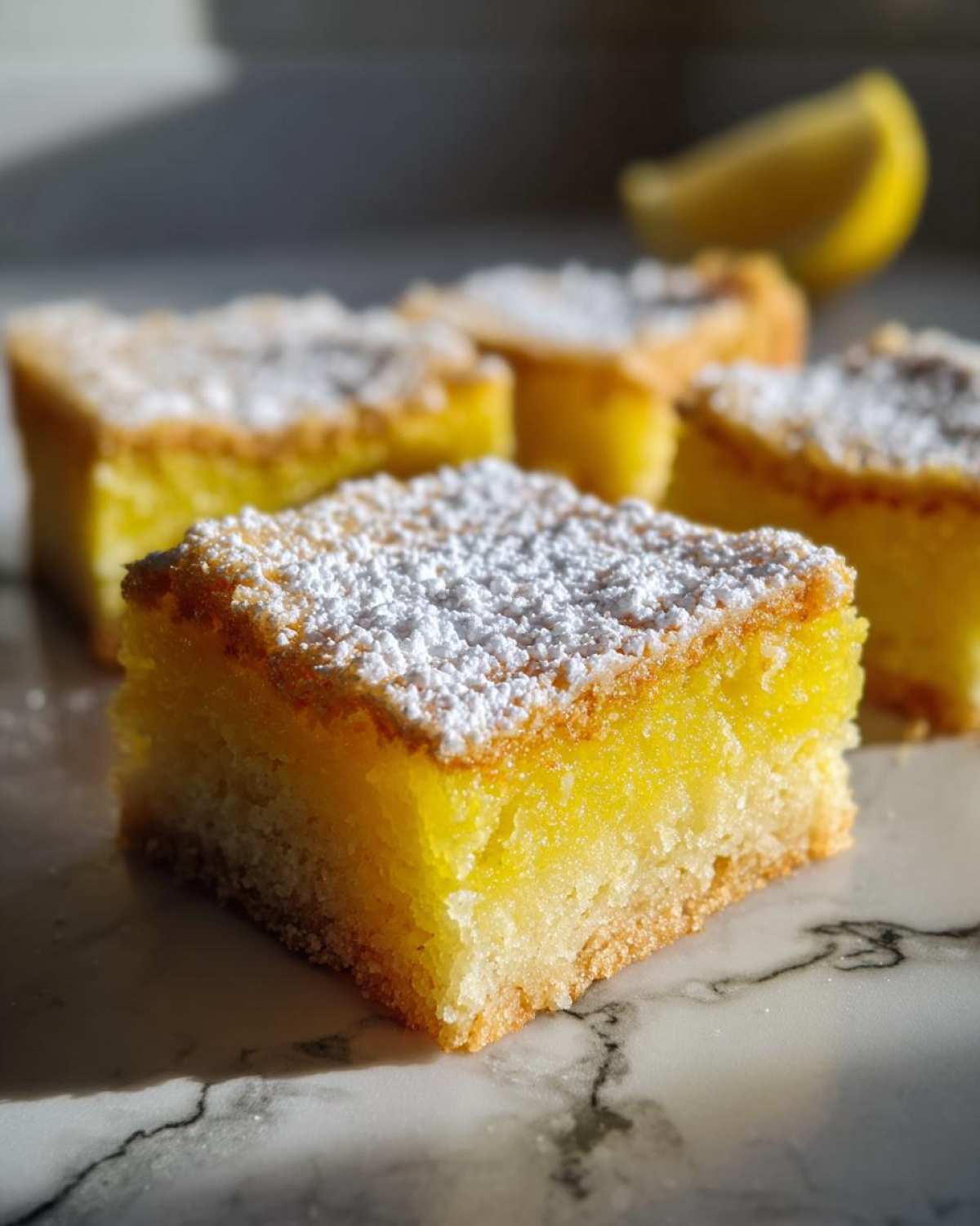 Close-up of a square Gluten-Free Lemon Bar showing the bright yellow filling and shortbread crust, dusted with powdered sugar.