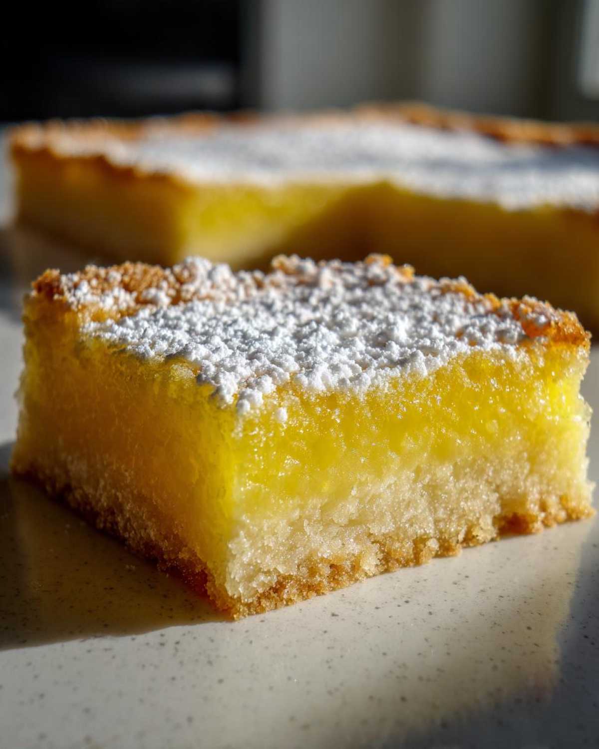 A close-up, bright photo of a single square of Gluten-Free Lemon Bars with a thick, vibrant yellow filling and shortbread crust, dusted with powdered sugar.