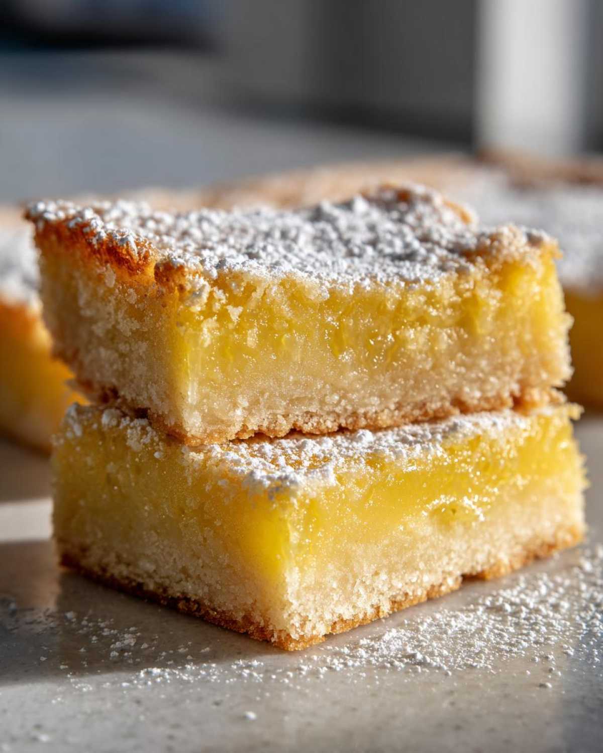 Two stacked slices of bright yellow Gluten-Free Lemon Bars with shortbread crust, dusted heavily with powdered sugar.