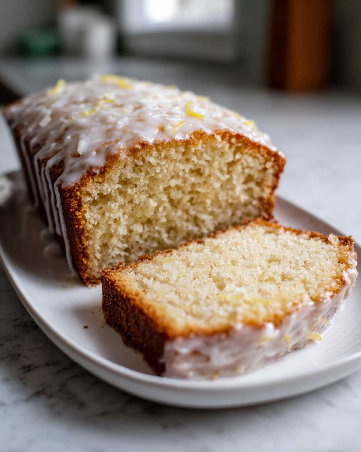 A sliced loaf of Gluten-Free Lemon Coconut Cake covered in white lemon glaze and zest.