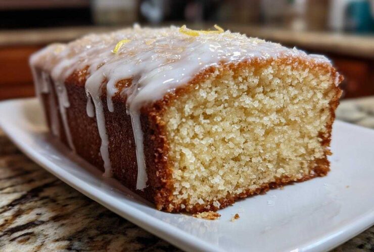 Close-up of a slice of Gluten-Free Lemon Coconut Cake drizzled with white icing and topped with coconut flakes.