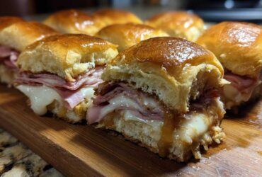 Close-up of freshly baked Hawaiian Roll Ham and Cheese Sliders oozing melted cheese and honey mustard glaze.