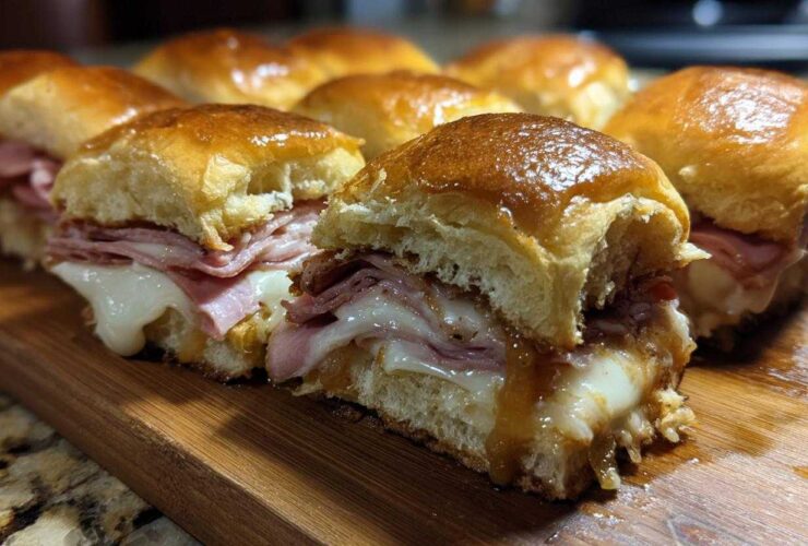 Close-up of freshly baked Hawaiian Roll Ham and Cheese Sliders oozing melted cheese and honey mustard glaze.
