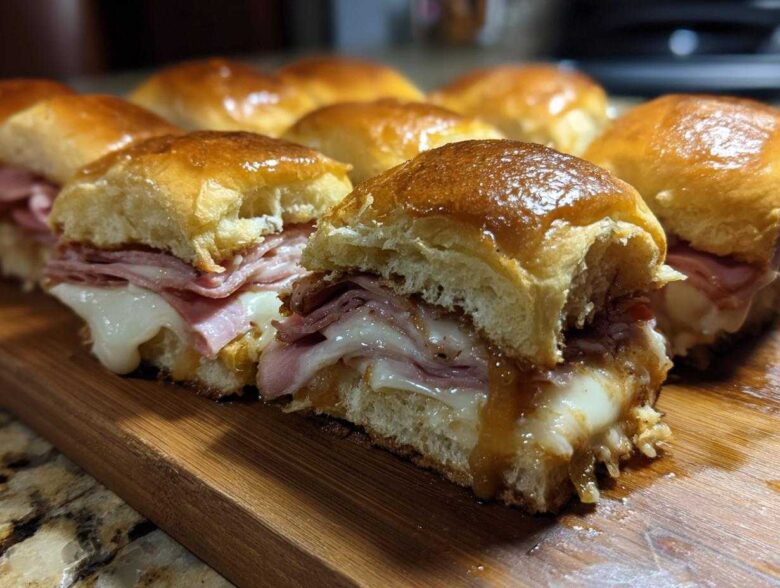 Close-up of freshly baked Hawaiian Roll Ham and Cheese Sliders oozing melted cheese and honey mustard glaze.