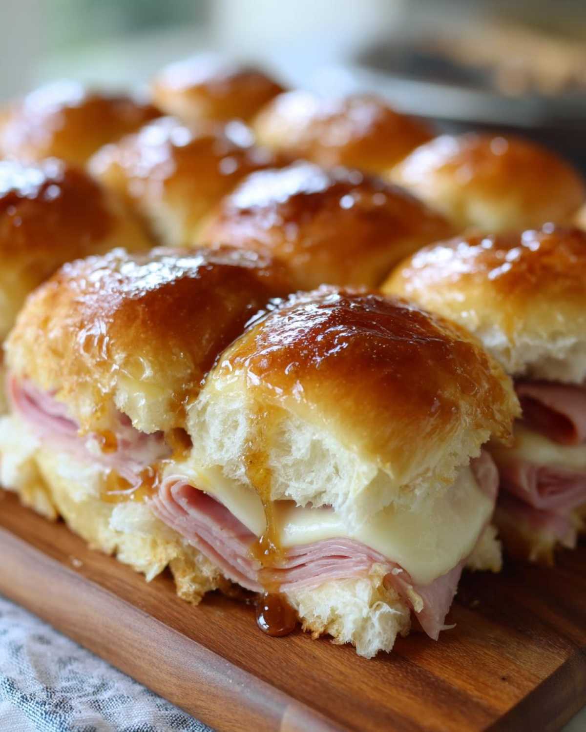 A close-up view of freshly baked Hawaiian Roll Ham and Cheese Sliders dripping with a honey mustard glaze.