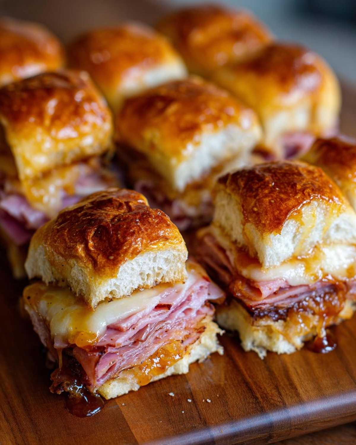 Close-up of Hawaiian Roll Ham and Cheese Sliders, showing melted cheese and honey mustard glaze dripping.