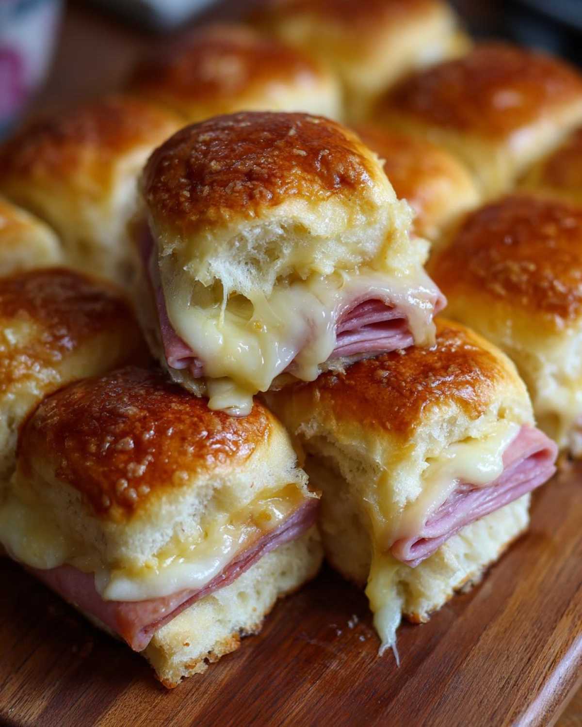 Close-up of Hawaiian Roll Ham and Cheese Sliders with melted cheese oozing out of the center.