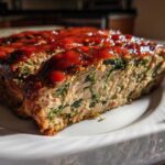 A thick slice of Healthy Turkey Spinach Meatloaf, showing green spinach mixed into the turkey, topped with a glossy red glaze.