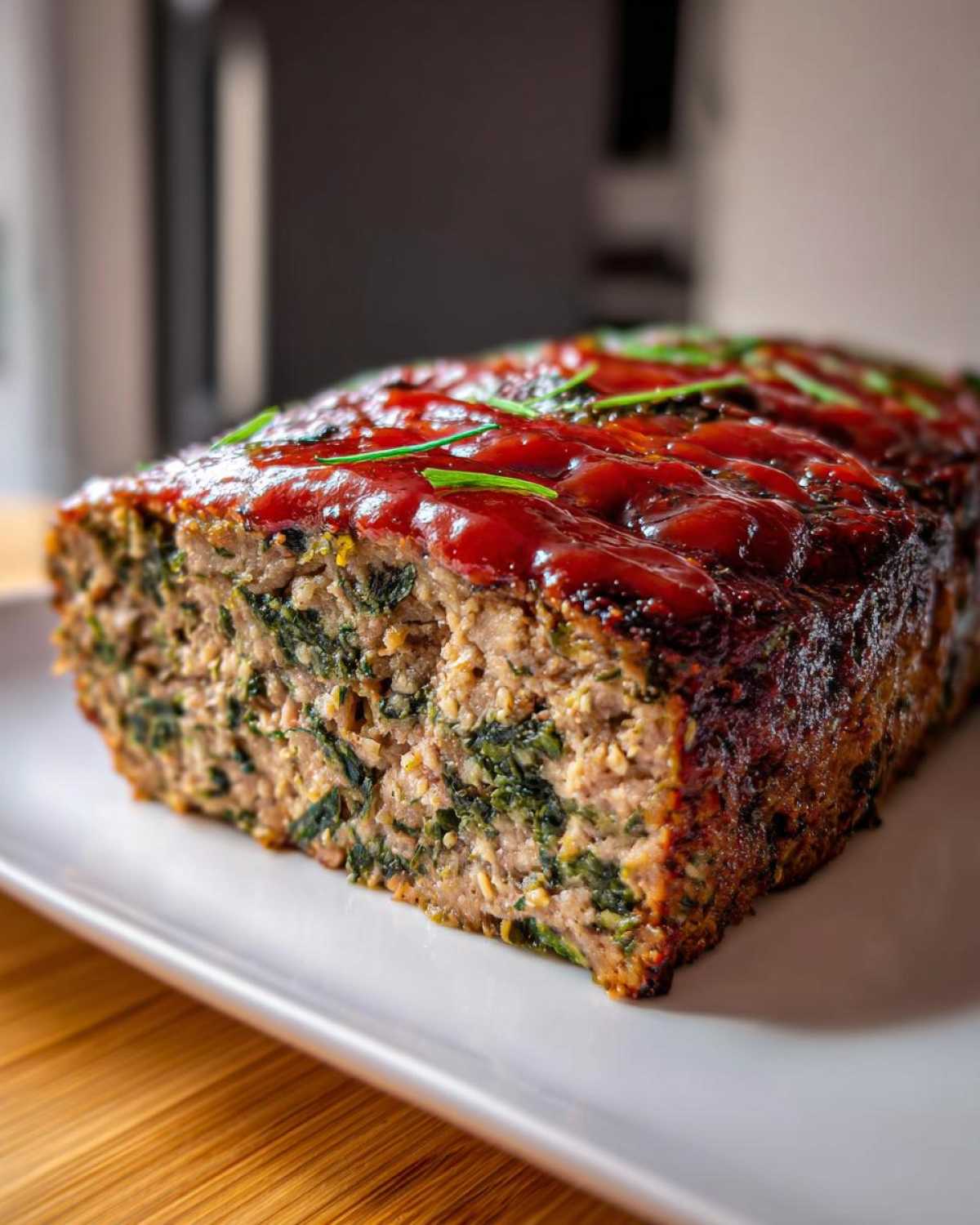 A cross-section view of a moist Healthy Turkey Spinach Meatloaf topped with a thick, glossy red glaze and chives.